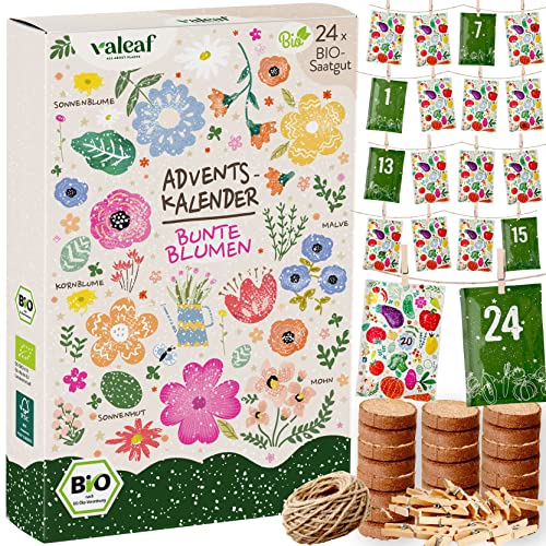 valeaf BIO Saatgut Adventskalender 2023 Blumen I 24 BIO Pflanzensamen Samen Adventskalender I Adventskalender Saatgut I Blumensamen Blumensaatgut Adventskalender Garten I Blumen Samen Saatgut Kalender von valeaf