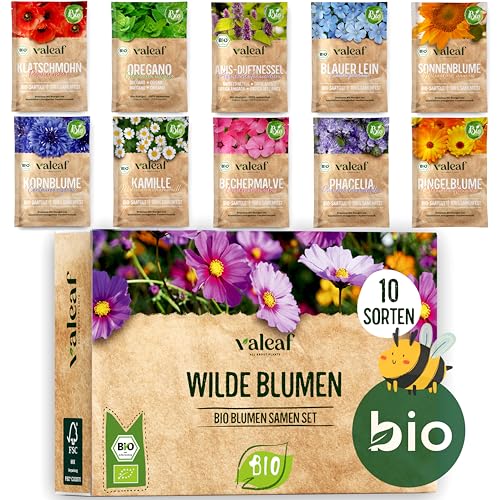 valeaf BIO Wilde Blumen Samen Set I 10 Sorten bienenfreundliche Blumensamen I Premium BIO Samen Blumen I Wildblumen Samen I Blumenmischung Samen I Bienen Weide Wiesenblumen Samen von valeaf