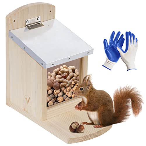 valuents Eichhörnchen Futterhaus mit Klappe – Futterstation – wetterfest aus Kiefernholz mit Zinkdach – Selbstmontage +Plus: Gartenhandschuhe von valuents