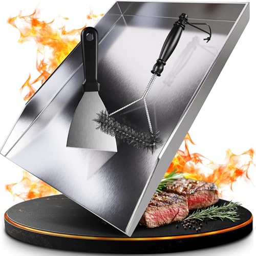 valuents® Grillplatte - Plancha Grill Platte aus dickem & rostfreiem Edelstahl – 40 x 30 cm – für BBQ Gasgrill & Kohlegrill geeignet +PLUS: Bürste & Grillspachtel von valuents