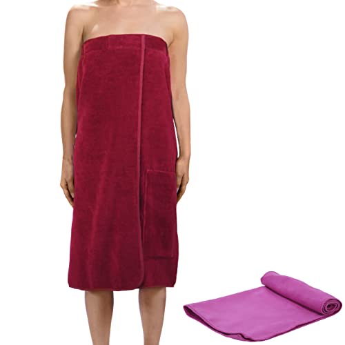 valuents Saunakilt für Damen aus Baumwolle – beerenrot – one Size Saunahandtuch mit Klettverschluss 80x130cm +Plus: Handtuch von valuents