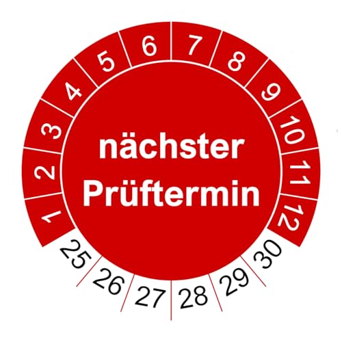 20 Prüfplaketten nächster Prüftermin - 2025 bis 2030-30 mm - nachhaltig - rot - 2024 - Prüfetiketten/Wartungsetiketten für Prüfung (20 Stück, rot) von vamani