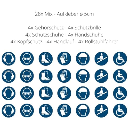 28 Aufkleber Mix - ø 5cm - Gehörschutz Schutzbrille Fußschutz Handschutz Kopfschutz Handlauf Rollstuhlfahrer je 4 Stück - UV- und witterungsbeständig - ISO 7010 - Gebotszeichen Schild (5 cm, Mix) von vamani
