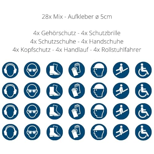 28 Aufkleber Mix - ø 5cm - Gehörschutz Schutzbrille Fußschutz Handschutz Kopfschutz Handlauf Rollstuhlfahrer je 4 Stück - UV- und witterungsbeständig - ISO 7010 - Gebotszeichen Schild (5 cm, Mix) 28 Aufkleber Mix - ø 5cm - Gehörschutz Schutzbrille Fußschutz Handschutz Kopfschutz Handlauf Rollstuhlfahrer je 4 Stück - UV- und witterungsbeständig - ISO 7010 - Gebotszeichen Schild (5 cm, Mix) von vamani