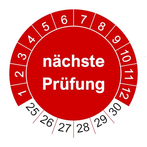 100 Prüfplaketten nächste Prüfung - 2025 bis 2030-30 mm - nachhaltig - rot - 2024 - Prüfetiketten/Wartungsetiketten für Prüfung (100 Stück, rot) von vamani