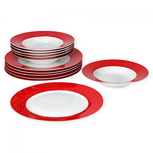 van Well Vario Speiseteller-Set 12-teilig - Tafel-Service für 6 Personen - flache Ess-Teller mit Ø 21,5cm & 6 tiefe Teller Ø 26,5cm - Porzellan-Service weiß mit Rand in Rot von Van Well