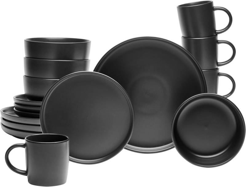 van Well Kombiservice Geschirr-Set, Service Nero (16-tlg), 4 Personen, Steingut, runde Form, schwarz, spülmaschinen- und mikrowellengeeignet von van Well