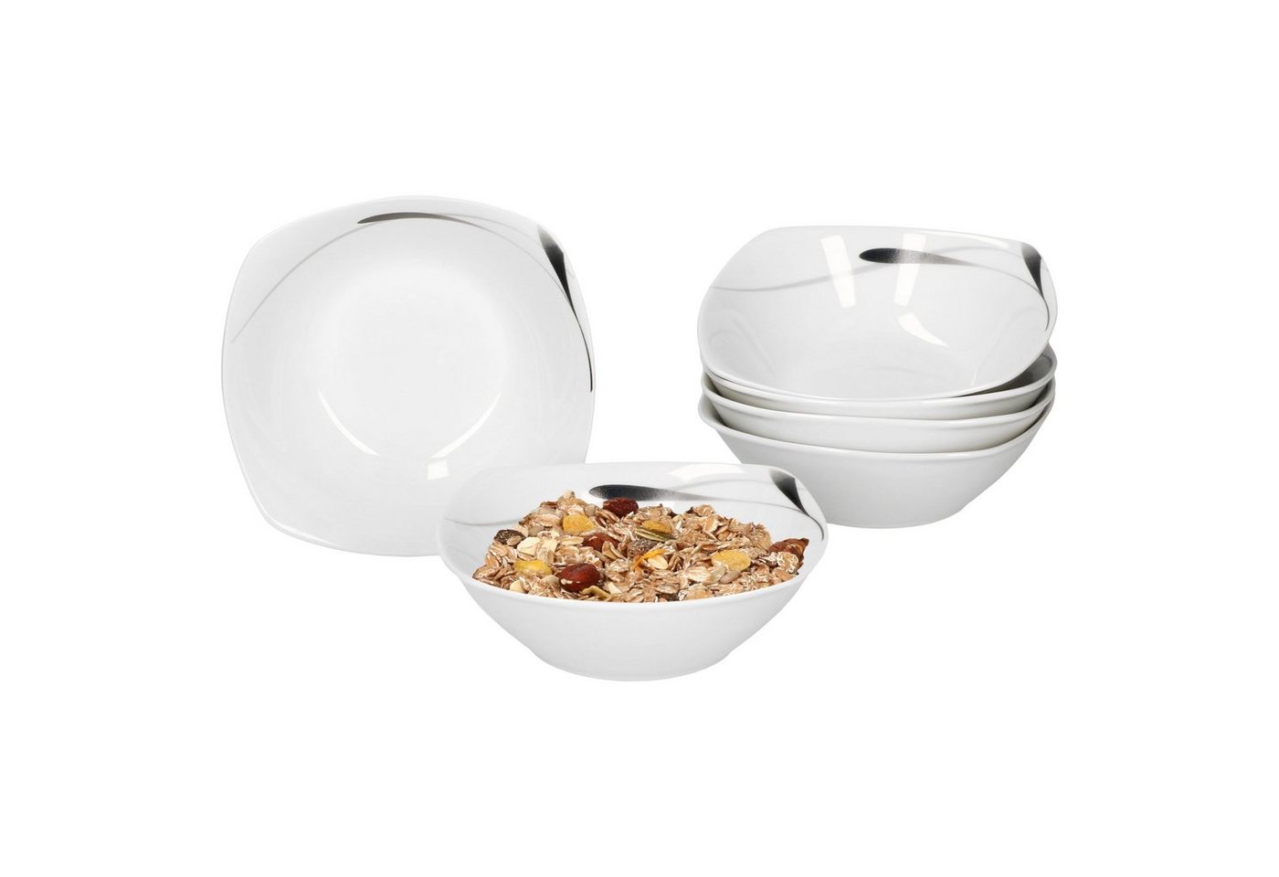 van Well Müslischale 6er Set Müsli- Salatschale Lima 14,2cm Porzellan weiß mit Dekor, Porzellan von van Well