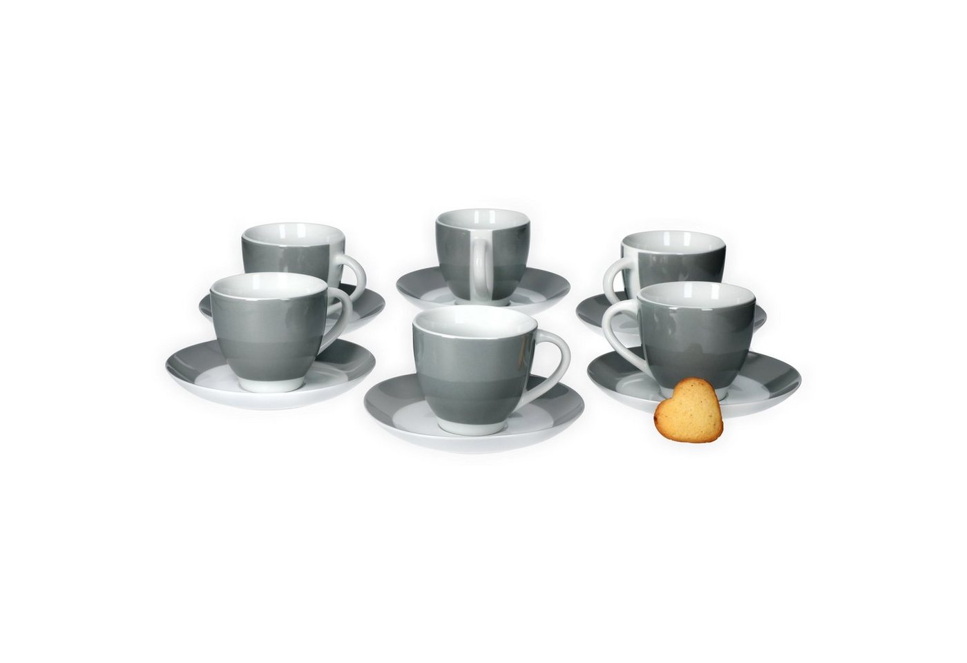 van Well Tasse 6er Set Kaffeetasse mit Untertasse Serie Vario Porzellan - grau von van Well