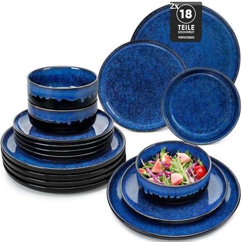 Geschirrset 12 Personen modern, vancasso STARRY 36 teiliges Steingut Geschirr Set, Teller Set Blau, Tafelservice 12 Personen, Inklusive Speiseteller, Dessertteller und Müslischalen von vancasso