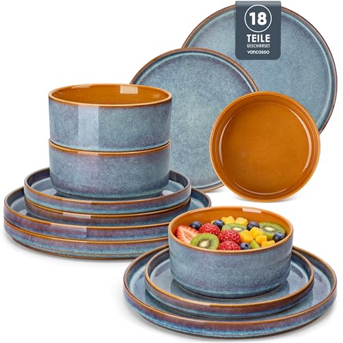 Geschirrset 6 Personen, vancasso ONION 18-tlg Hochwertiges Steingut Geschirr set, Tafelservice Blau, Geschirrsets mit Speiseteller, Salatteller und Schüsseln - Galaxie-inspiriertes Design von vancasso