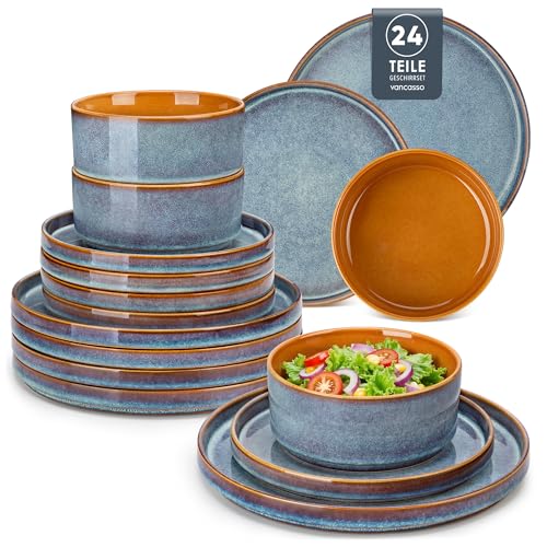 Geschirrset 8 Personen, vancasso ONION 24-tlg Hochwertiges Steingut Geschirr set, Tafelservice Blau, Geschirrsets mit Speiseteller, Salatteller und Schüsseln - Galaxie-inspiriertes Design von vancasso