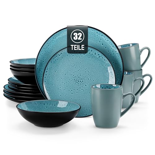 Geschirrset Steinzeug, vancasso BUBBLE 32-tlg Geschirr Set 8 Personen, Reaktive Glasur Tafelservice mit Teller Set, Schalen und Tassen Set aus Steingut von vancasso