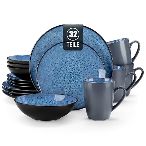 Geschirrset Steinzeug, vancasso BUBBLE 32-tlg Geschirr Set blau, Reaktive Glasur Tafelservice mit Teller Set, Schalen und Tassen Set aus Steingut, für 8 Personen von vancasso
