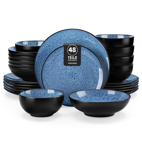 Steingut Geschirr Set, vancasso BUBBLE Tafelservice 12 Personen, Geschirrset 6/12 Personen aus Steingut, 48-tlg modernes Teller Set und Schalen Set von vancasso
