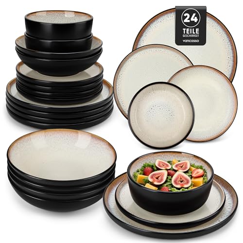 Steingut Geschirr Set 6 Personen, vancasso AMBER Teller Set 6 Personen, Tafelservice 24tlg mit Speiseteller, Dessertteller, Suppenteller, Schüssel, Reaktive Glasur, Hellgelb, Spülmaschinenfest von vancasso