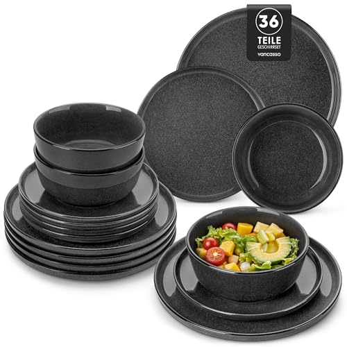 Steingut Geschirrset 12 Personen, vancasso Grau Teller Set Modern 36 teilig,Tafelservice mit Speiseteller, Desserttellern und Schüsseln, Geschirr Set Spülmaschinen und Mikrowellenfest von vancasso