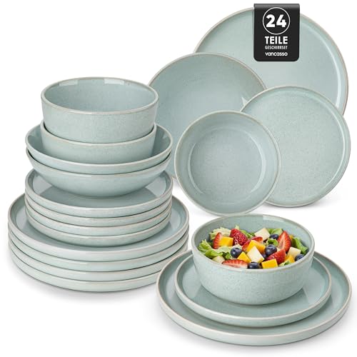 Steingut Geschirrset 6 Personen, vancasso Mintgrün Teller Set Modern 24 teilig,Tafelservice mit Speiseteller, Suppenteller, Desserttellern und Schüsseln, Geschirr Set Spülmaschinen und Mikrowellenfest von vancasso
