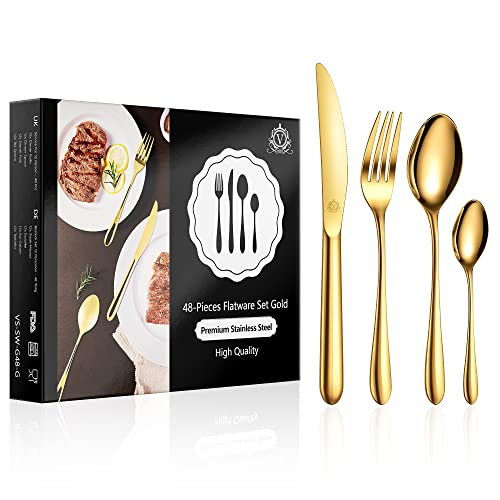 vancasso Besteck Gold Set 12 Personen, 48-Teilig Edelstahl Besteckset mit Messer/Gabel/Löffel/Dessertlöffel, 18/10 Edelstahl Besteckset Poliert mit Geschenkbox, Spülmaschinenfest von vancasso