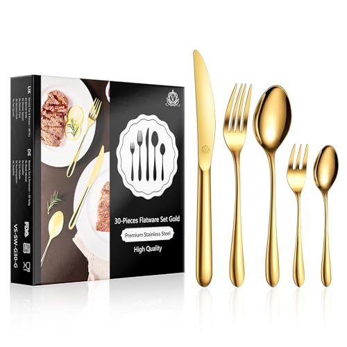 vancasso Besteck Gold Set 6 Personen,30-Teilig Edelstahl Besteckset mit Messer/Gabel/Löffel/Dessertlöffel, 18/10 Edelstahl Besteckset Poliert mit Geschenkbox, Spülmaschinenfest von vancasso