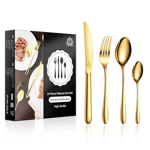 vancasso Besteck Gold Set 6 Personen, 24-Teilig Edelstahl Besteckset mit Messer/Gabel/Löffel/Dessertlöffel, 18/10 Edelstahl Besteckset Poliert mit Geschenkbox, Spülmaschinenfest,Cutlery set von vancasso