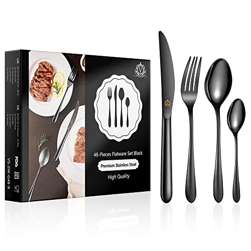 vancasso Besteck Schwarz Set für 12 Personen, 18/10 Edelstahl Besteckset mit Messer/Gabel/Löffel/Dessertlöffel, 48-Teilig Besteckset Poliert mit Geschenkbox für Familienfeiern, Hotels, Restaurants von vancasso