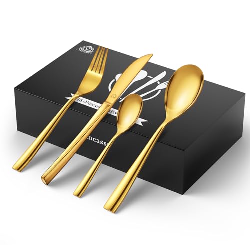 vancasso Besteck Set 12 Personen, Besteck Set 18/10 Gold Besteckset mit Messer/Gabel/Löffel/Dessertlöffel, 48-pcs Goldenes Besteck Poliert mit Geschenkbox, Modernem und Schlichtem Design von vancasso