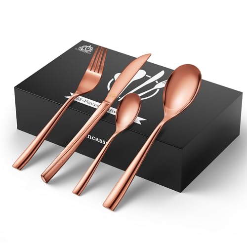 vancasso Besteck Set 12 Personen, Besteck Set 18/10 Rosegold Besteckset mit Messer/Gabel/Löffel/Dessertlöffel, 48-pcs Rose Besteck Poliert mit Geschenkbox, Modernem und Schlichtem Design von vancasso