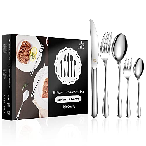 vancasso Besteck Set 12 Personen,60-Teilig Silberbesteck mit Messer/Gabel/Löffel/Dessertlöffel, 18/10 Edelstahl Besteckset Poliert mit Geschenkbox, Spülmaschinenfest von vancasso