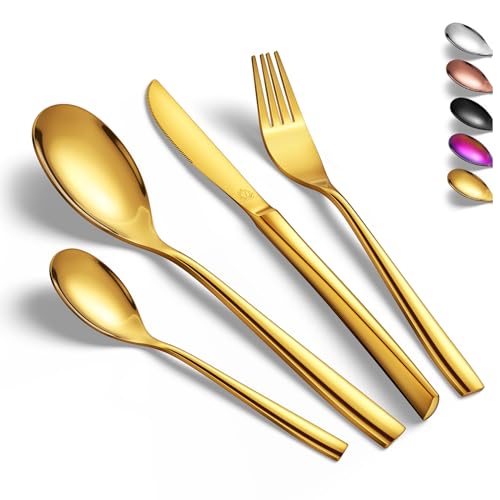 vancasso Besteck Set 6 Personen, Besteck Set 18/10 Gold Besteckset mit Messer/Gabel/Löffel/Dessertlöffel, 24-pcs Goldenes Besteck Poliert mit Geschenkbox, Modernem und Schlichtem Design von vancasso