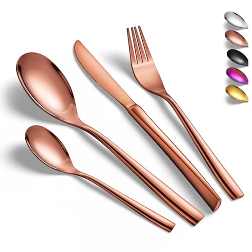 vancasso Besteck Set 6 Personen, Besteck Set 18/10 Rosegold Besteckset mit Messer/Gabel/Löffel/Dessertlöffel, 24-pcs Rose Besteck Poliert mit Geschenkbox, Modernem und Schlichtem Design von vancasso