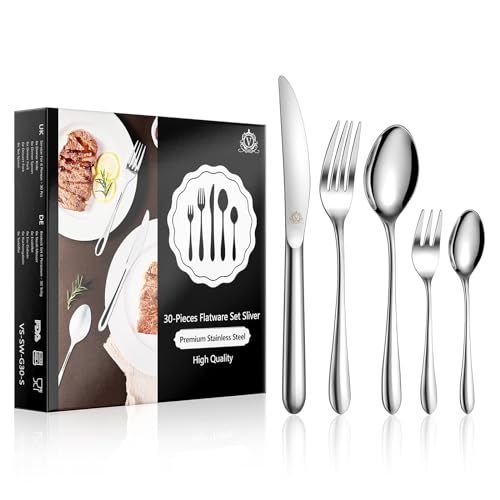 vancasso Besteck Set 6 Personen,30-Teilig Silberbesteck mit 6x Messer/6x Gabel/6x Löffel/6x Dessertlöffel, 18/10 Edelstahl Besteckset Poliert mit Geschenkbox, Spülmaschinenfest von vancasso