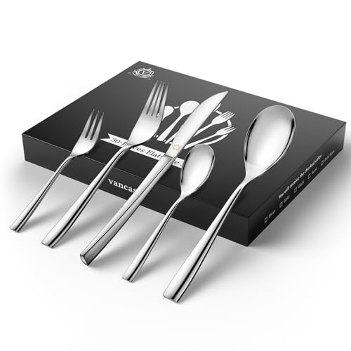 vancasso Besteck Set 6 Personen Modern, 30-Teillige Silberbesteck mit Messer/Gabel/Löffel/Dessertgabel, 18/10 Edelstahl Besteckset Poliert mit Geschenkbox, Spülmaschinenfest von vancasso