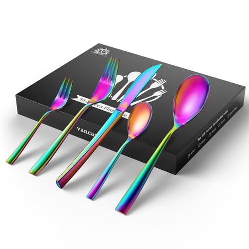 vancasso Besteck Set Regenbogen 6 Personen, 30 PCS Bunt Besteckset Spülmaschinenfest,6 x Messer/6x Gabel/6x Löffel/6x Dessertgabel/6x Kaffeelöffel, 18/10 Edelstahl Essbesteck Poliert mit Geschenkbox von vancasso