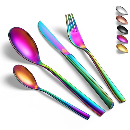 vancasso Besteck Set Regenbogen 6 personen, 18/10 Besteckset mit Messer/Gabel/Löffel/Dessertlöffel, 24-pcs Besteck Glänzend, Besteck Poliert mit Geschenkbox, Modernem und Schlichtem Design von vancasso