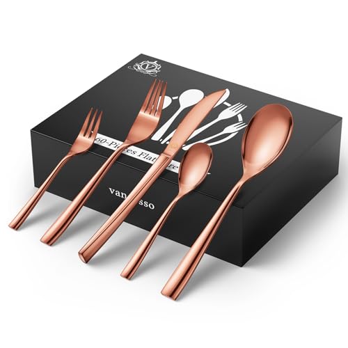 vancasso Besteck Set Rose Gold, 60-Teiliges Poliert Besteckset für 12 Personen, Messer/Gabel/Löffel/Dessertgabel/Kaffeelöffel, Essbesteck 18/10 Edelstahl mit Geschenkbox,Weihnachten Neujahrs von vancasso