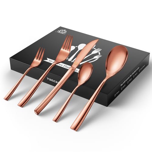 vancasso Besteck Set 6 Personen Modern, 30-Teillige Rose Gold Besteck Set 6 x Messer/6x Gabel/6x Löffel/6x Dessertgabel/6x Kaffeelöffel, 18/10 Edelstahl Besteckset Poliert mit Geschenkbox von vancasso