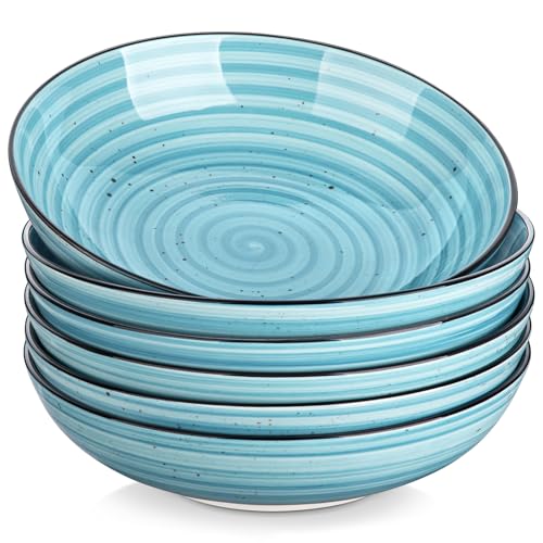 vancasso Bonbon Suppenteller 6er Set, Suppenschalen Steingut, 21,8 x 5,7 cm Pastateller groß tief, Nudelschalen, Ramenschalen, Salatschüssel für Spülmaschine und Mikrowelle, Blau von vancasso