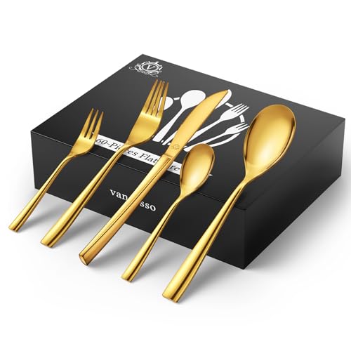 vancasso Goldenes Besteck Set 12 Personen Modern, 60-Teiliges Essbesteck Messer/Gabel/Löffel/Dessertgabel/Kaffeelöffel,18/10 Edelstahl Besteckset Poliert, Weihnachtsgeschenke Neujahrs, Quadrat, von vancasso