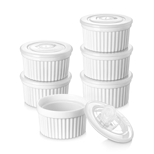 vancasso RAMEKINS 200ml Soufflé Förmchen Set von 6, Ø9.5cm Creme Brulee Schälchen Backofen sicher, Porzellan Soufflés mit Deckel, Kleine Keramik-Schalen, Mini Auflaufformen zum Backen, Weiß von vancasso