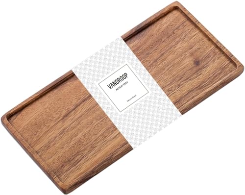 Vandroop Kleines Tablett Holz Serviertablett, Rechteckig Akazien Holz Mini Tablett Servierteller für Küchen-Set, Salz- und Pfefferstreuer, für Kaffee, Tee (25x11.8cm - 1 Stück) von vandroop