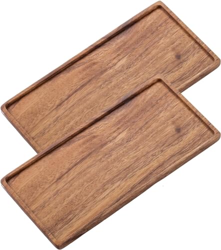 Vandroop Kleines Tablett Holz Serviertablett, Rechteckig Akazien Holz Mini Tablett Servierteller für Küchen-Set, Salz- und Pfefferstreuer, für Kaffee, Tee (25x11.8cm - 2 Stück) von vandroop