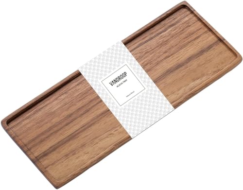 Vandroop Kleines Tablett Holz Serviertablett, Rechteckig Akazien Holz Mini Tablett Servierteller für Küchen-Set, Salz- und Pfefferstreuer, für Kaffee, Tee (30x11.8cm - 1 Stück) von vandroop