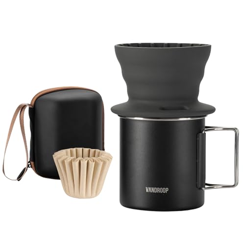 Vandroop Tragbares Kaffeebereiter Set, faltbarer Silikon Korbfilter Kaffeefilter mit Kaffeebecher 480ml, für Reise Camping (Schwarz, mit Korbfilterpapier 10 Stk) von vandroop
