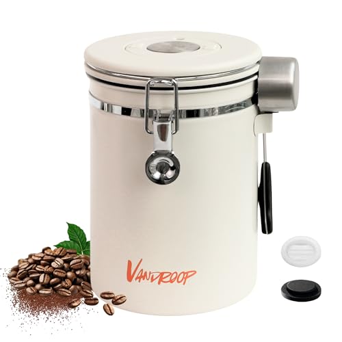 vandroop Kaffeedose Luftdicht aus Edelstahl 1800 ml Kaffeebohnen Behälter mit Messlöffel mit Datums Kaffedose für gemahlenen Kaffee, Bohnen, Tee, Müsli -Beige von vandroop