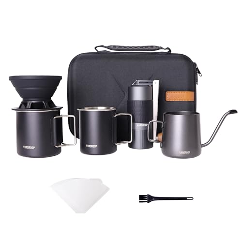 vandroop Tragbares Kaffeebereiter Set, ALL in ONE - perfekt für Reise, Kaffeemühle manuell - Mini Pour Over Kaffeekessel 250ml - 2 Kaffeetassen - faltbarer Silikon Kaffeefilter von vandroop