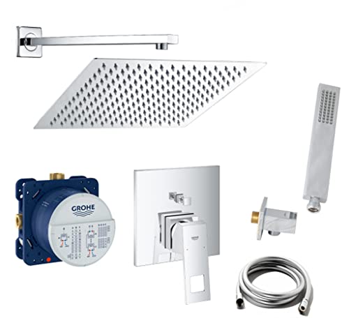 vanvilla Duschsystem mit Unterputz Duscharmatur von Grohe Eurocube Einhandmischer und vanvilla Regendusche mit Armatur, Duschkopf eckig, Dusch-SET G01 poliert V2 von vanvilla