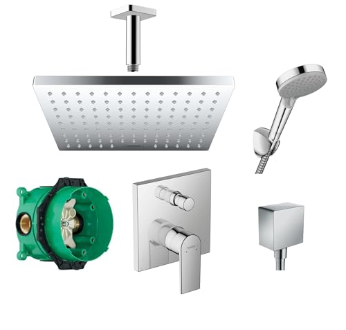 Hansgrohe Duschsystem mit Unterputz Duscharmatur von Hansgrohe Regendusche mit Armatur, Duschkopf eckig, Deckenarm Dusch-SET HGK02 poliert von vanvilla