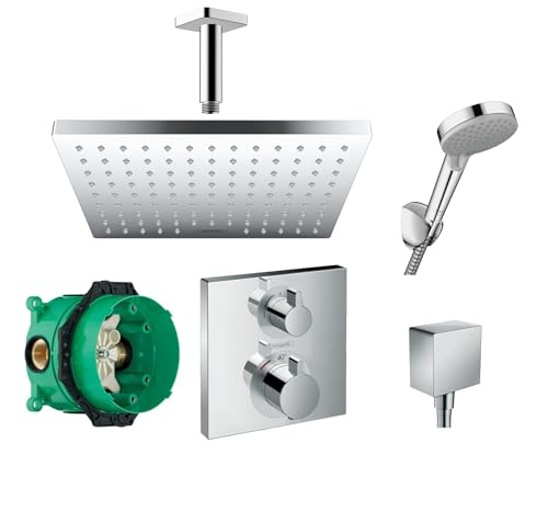 Hansgrohe Duschsystem mit Unterputz Duscharmatur von Hansgrohe Regendusche mit Armatur, Duschkopf eckig, Deckenarm Dusch-SET HGK04 poliert von vanvilla