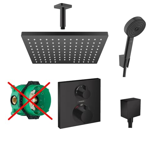 Hansgrohe Duschsystem mit Unterputz Duscharmatur von Hansgrohe Regendusche mit Armatur, Duschkopf eckig, Deckenarm Dusch-SET HGSK04-ob schwarz matt von vanvilla